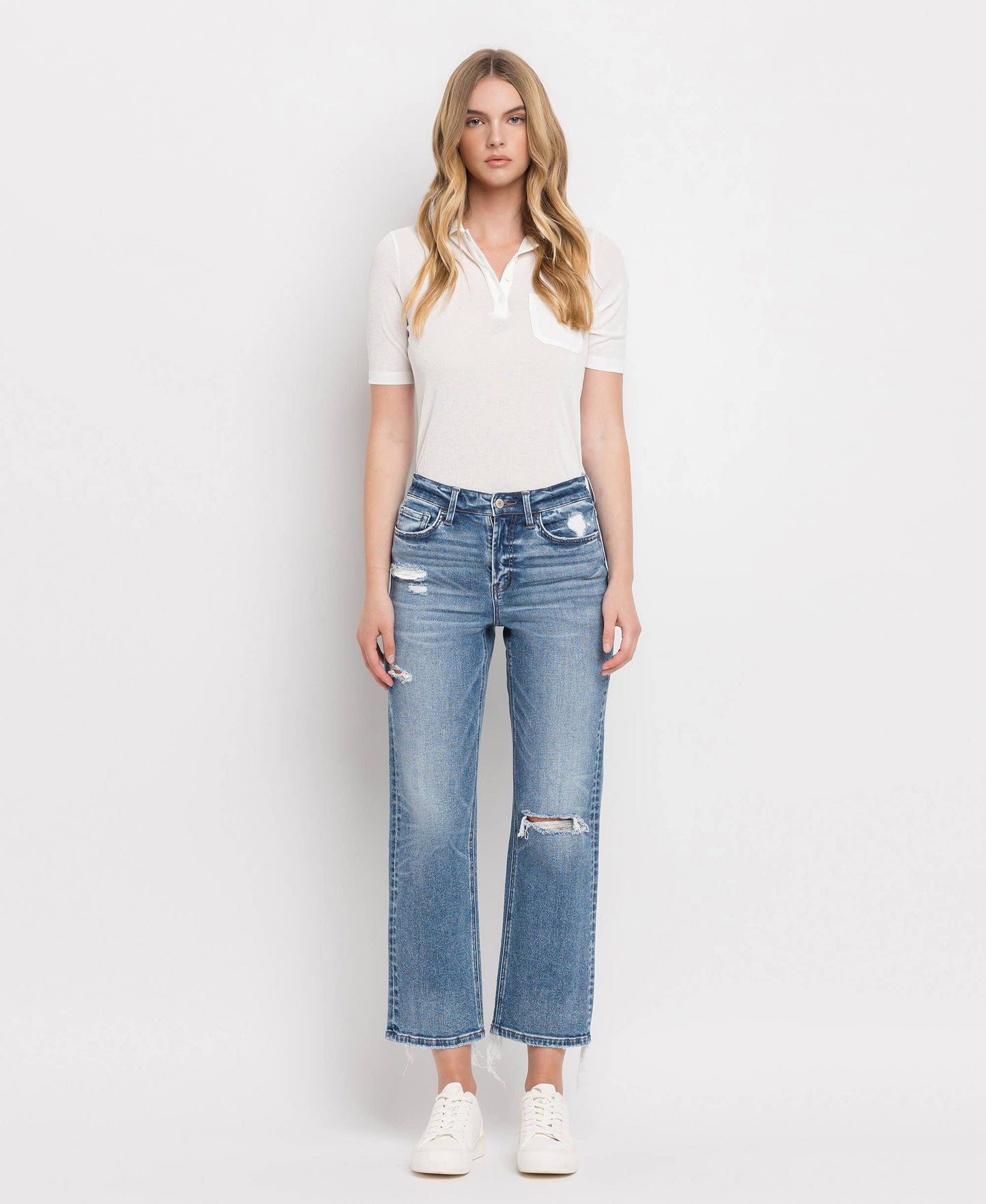 Vervet by Monkey- HIGH RISE DISTRESSED HEM CROP STRAIGHT JEANS