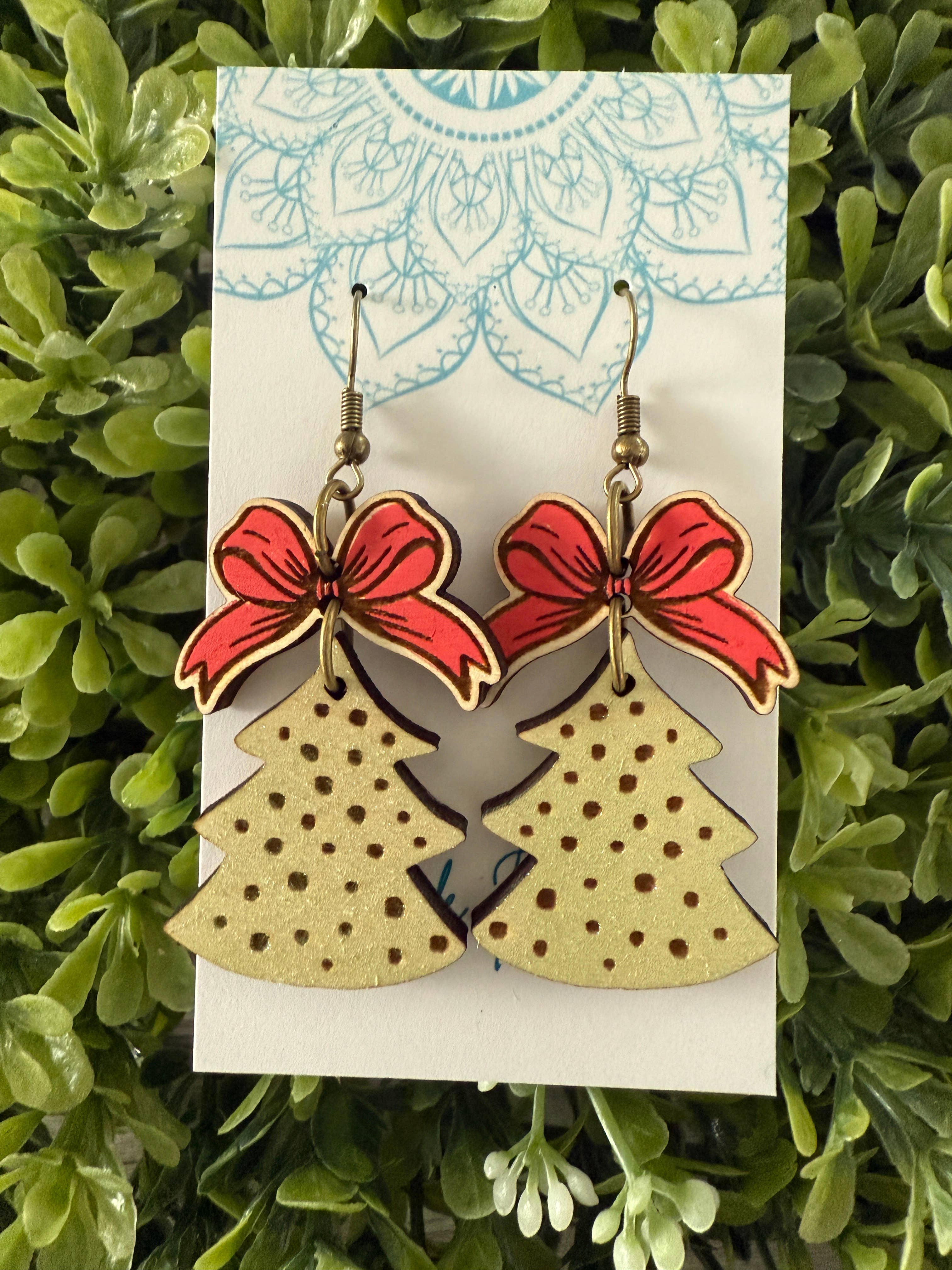 Christmas tree hand painted maple wood earrings