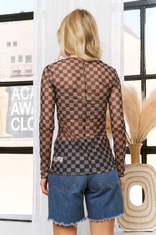 Checkered Print Mesh Crew Neck Design Long Sleeve (S-L)
