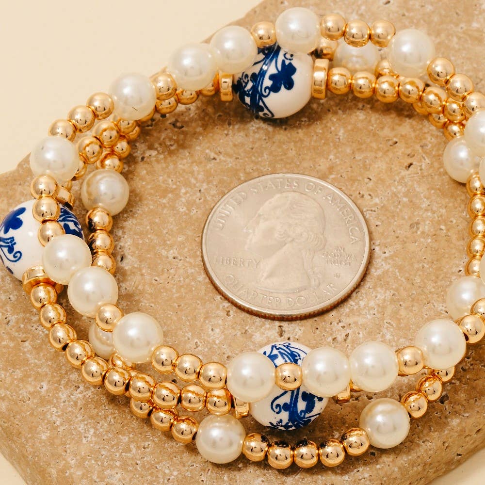 Floral Ceramic And Pearl Beaded Bracelet Set