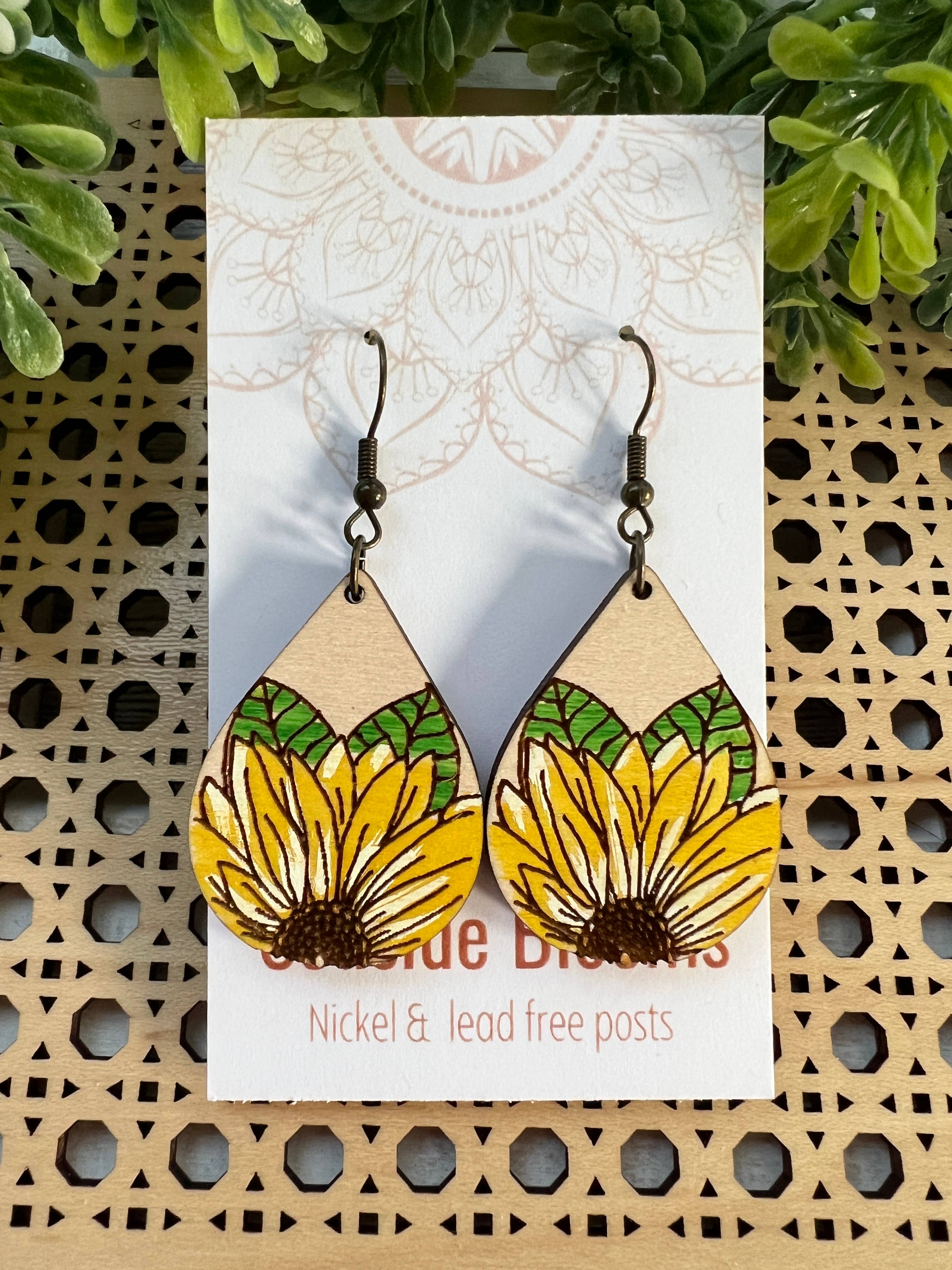 Sunflower light weight hand painted wood earring