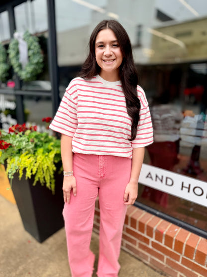 Striped Short Sleeve Terry Crew Neck Top(S-L)