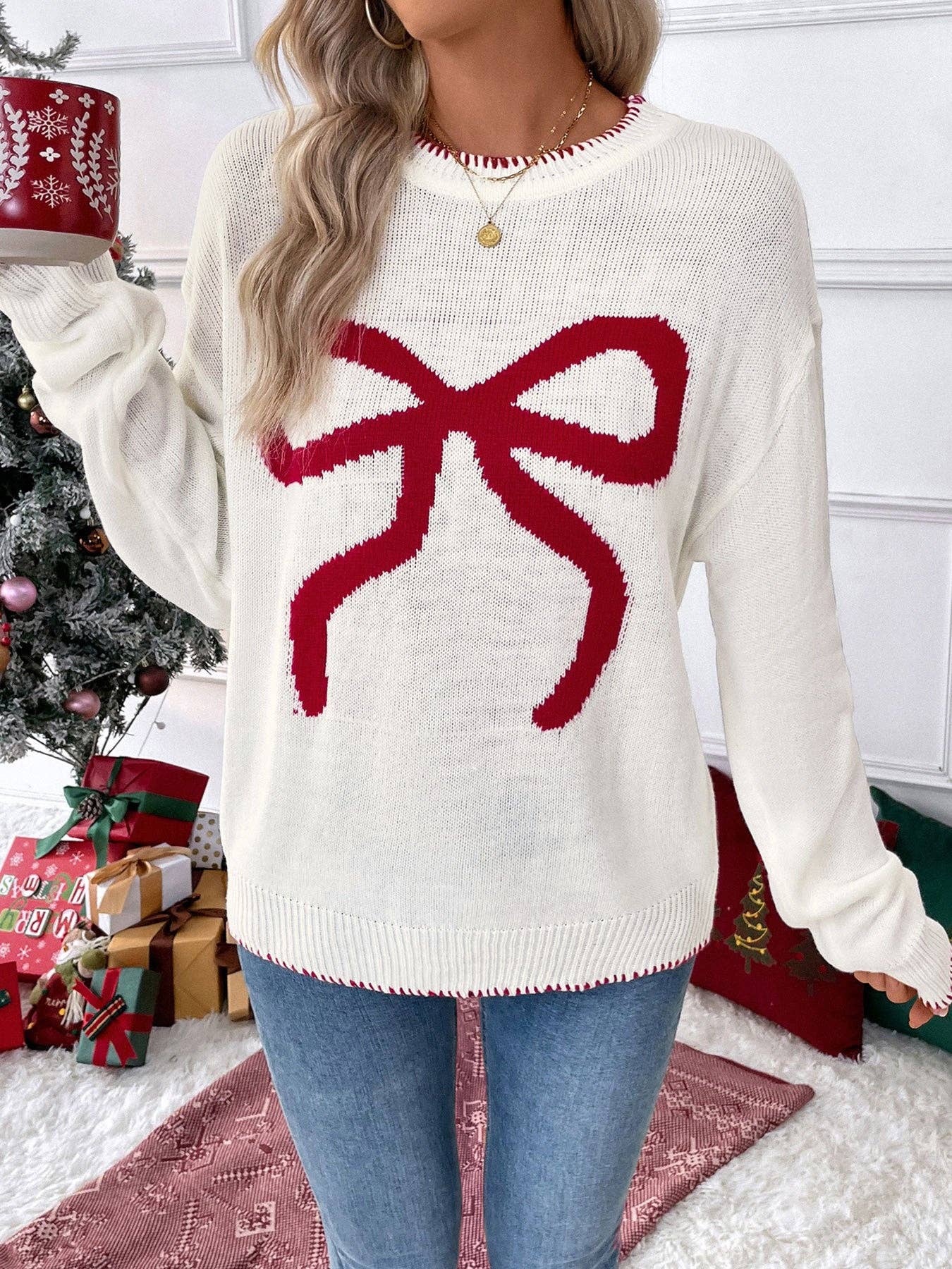 Bow Knit Sweater Holiday Pullover (S-XL)
