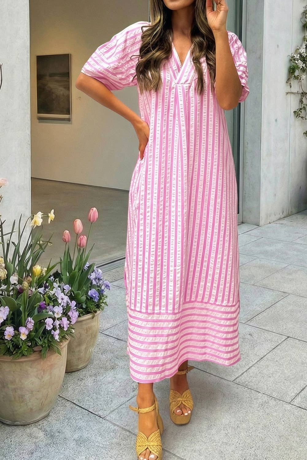 Stripe V-Neck Short Sleeve Long Dress (S-XL)