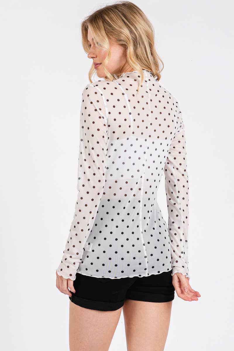 Polka Dot Mesh Long Sleeve Top (S-L)(Black or White)