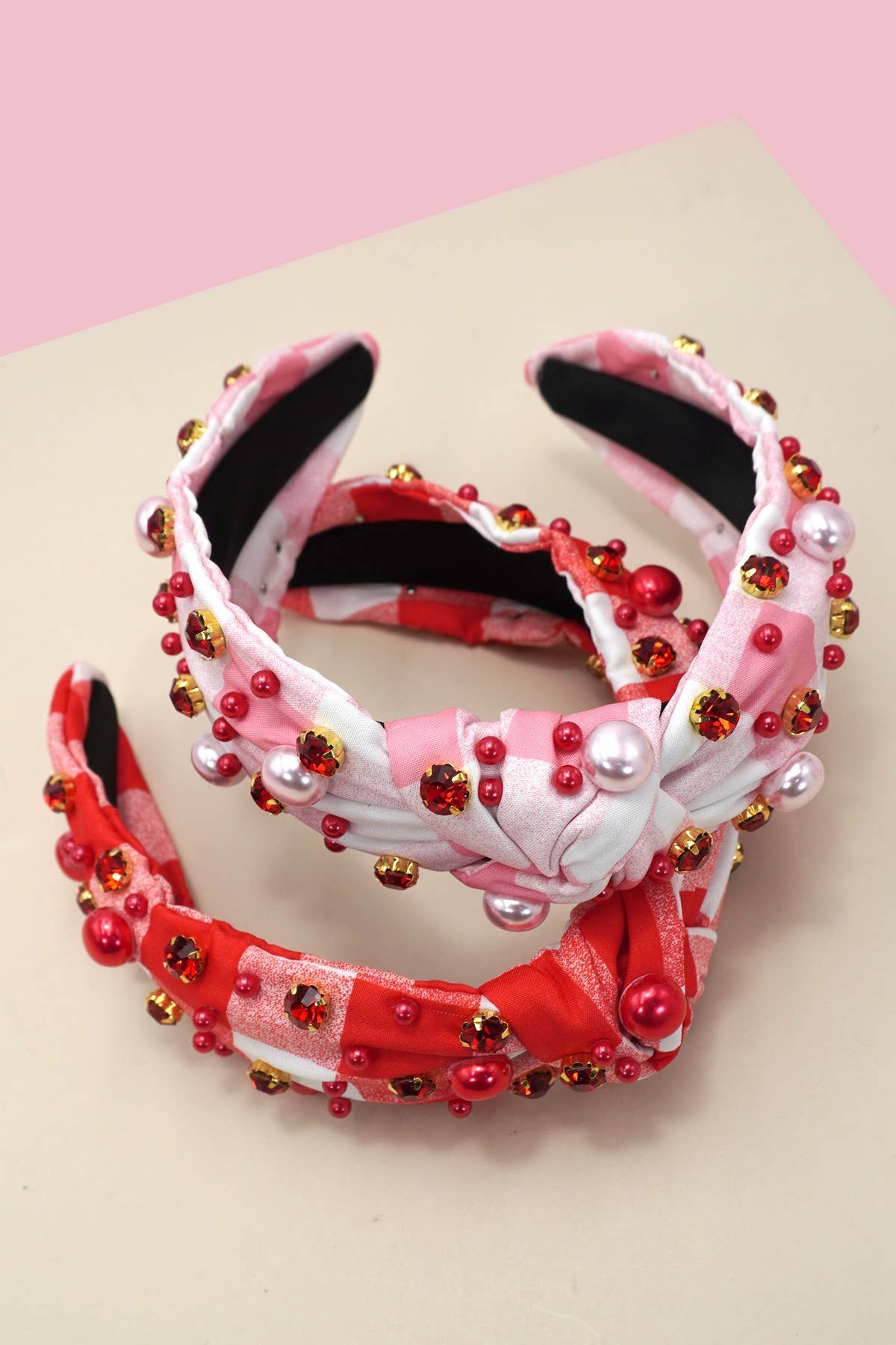 PLAID BEADED WIDE KNOTTED HEADBAND (Pink or Red)