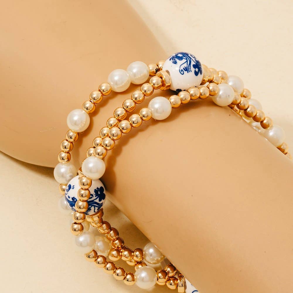 Floral Ceramic And Pearl Beaded Bracelet Set