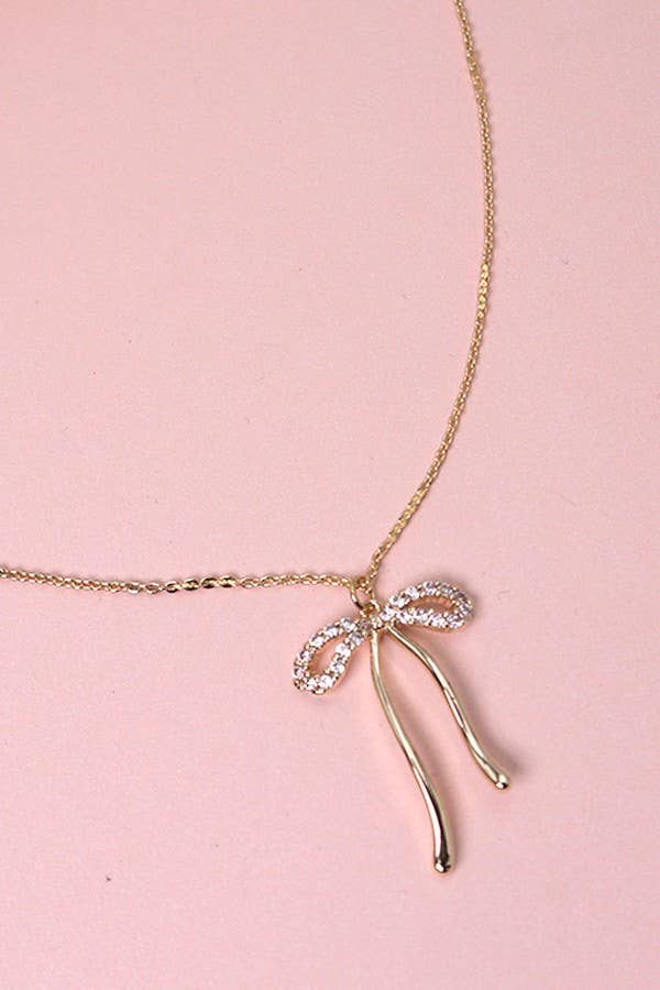 RHINESTONE BOW PENDANT NECKLACE (GOLD)