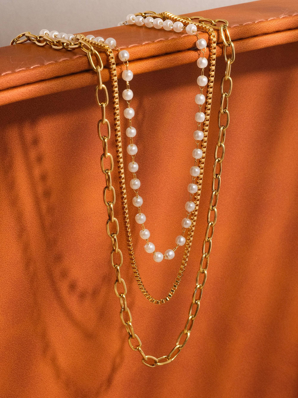 18K Gold Non-Tarnish Stacked Pearl Chain Necklace