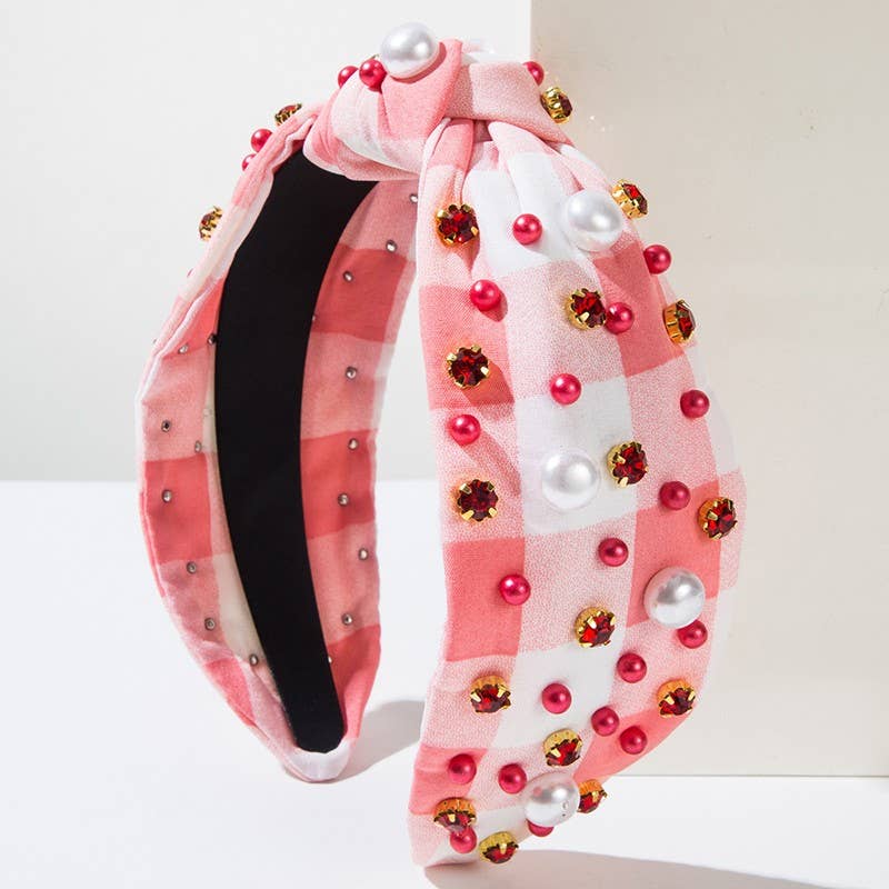 PLAID BEADED WIDE KNOTTED HEADBAND (Pink or Red)