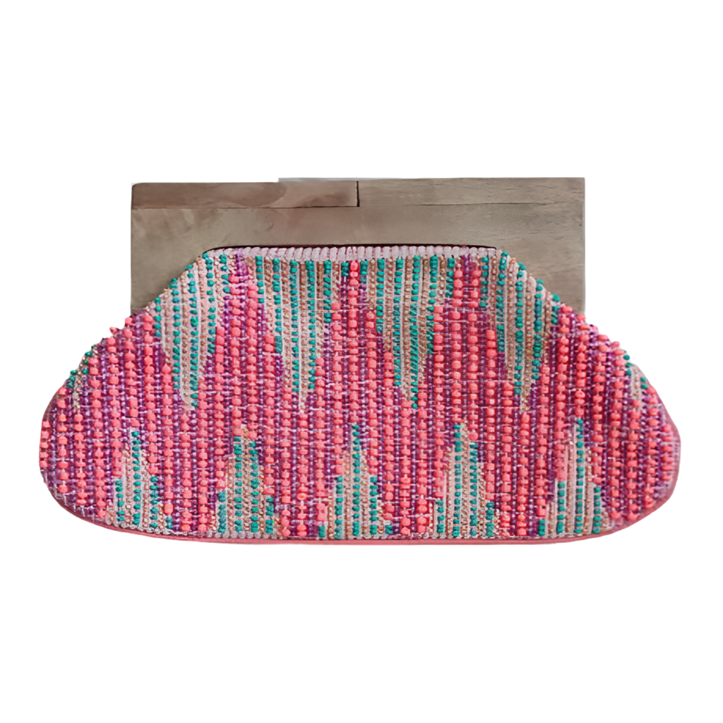 Pink Zig Beaded Women's Clutch Bag with Wooden Handle