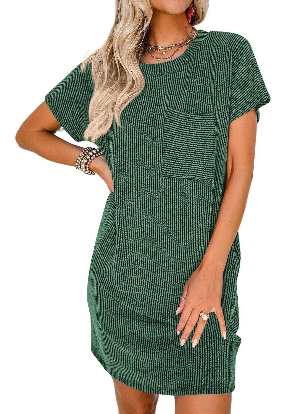 The Jessie Ribbed Short Sleeve T-Shirt Dress with Pocket (S-2X)