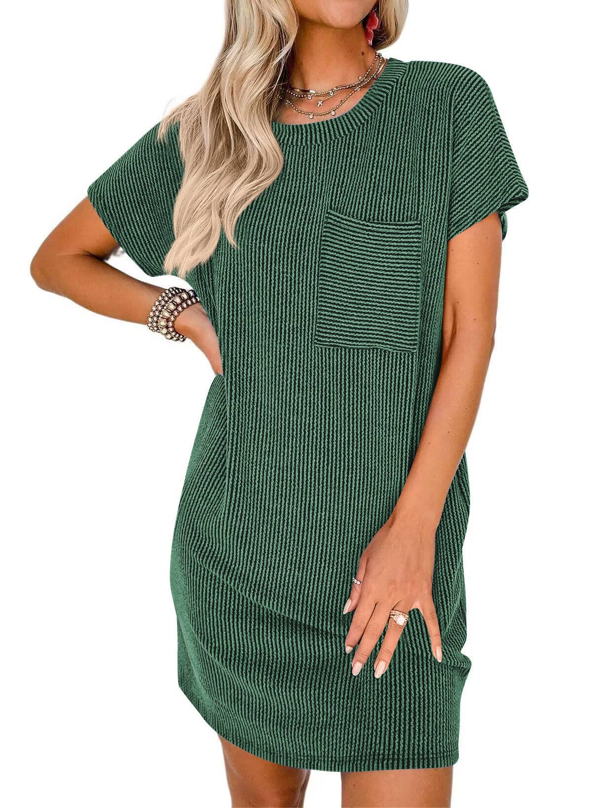 The Jessie Ribbed Short Sleeve T-Shirt Dress with Pocket (S-2X)