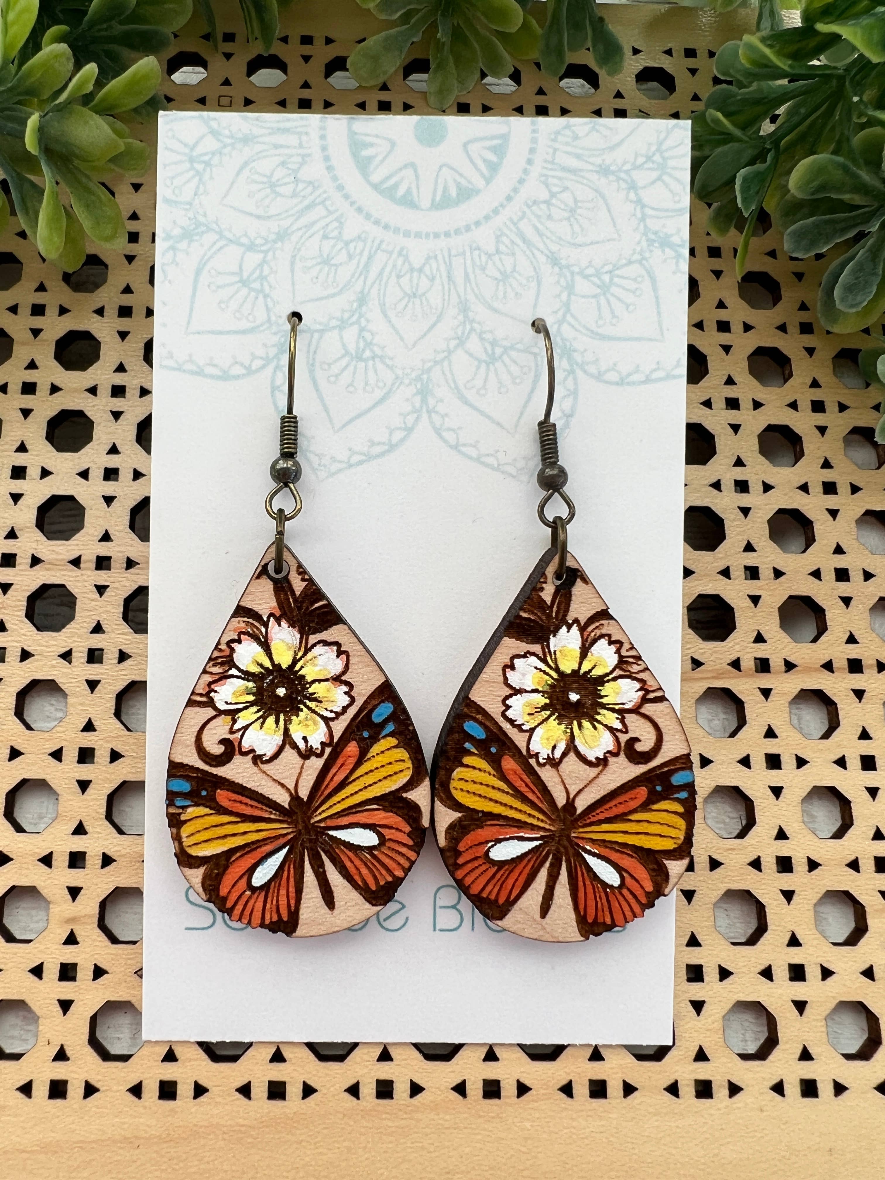 Butterfly hand painted maple wood earrings  