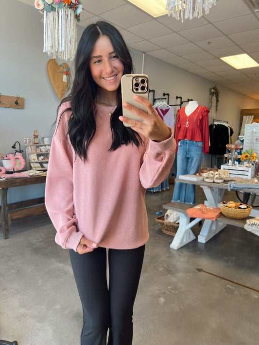 Pink Corded Knit Round Neck Pullover (S-2X)