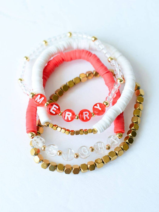 SALE! Merry and Bright Christmas Holiday Red & White bracelet set