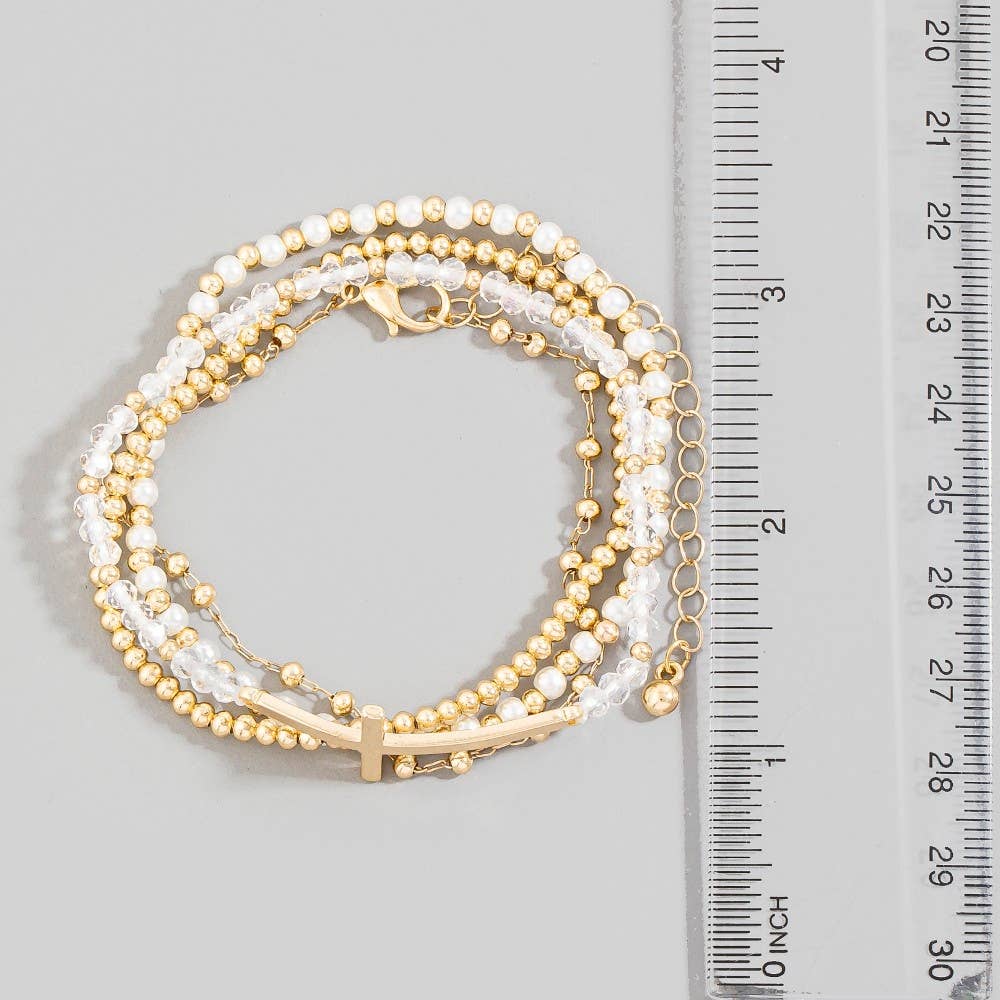 Cross Charm Pearl And Metallic Beaded Bracelet