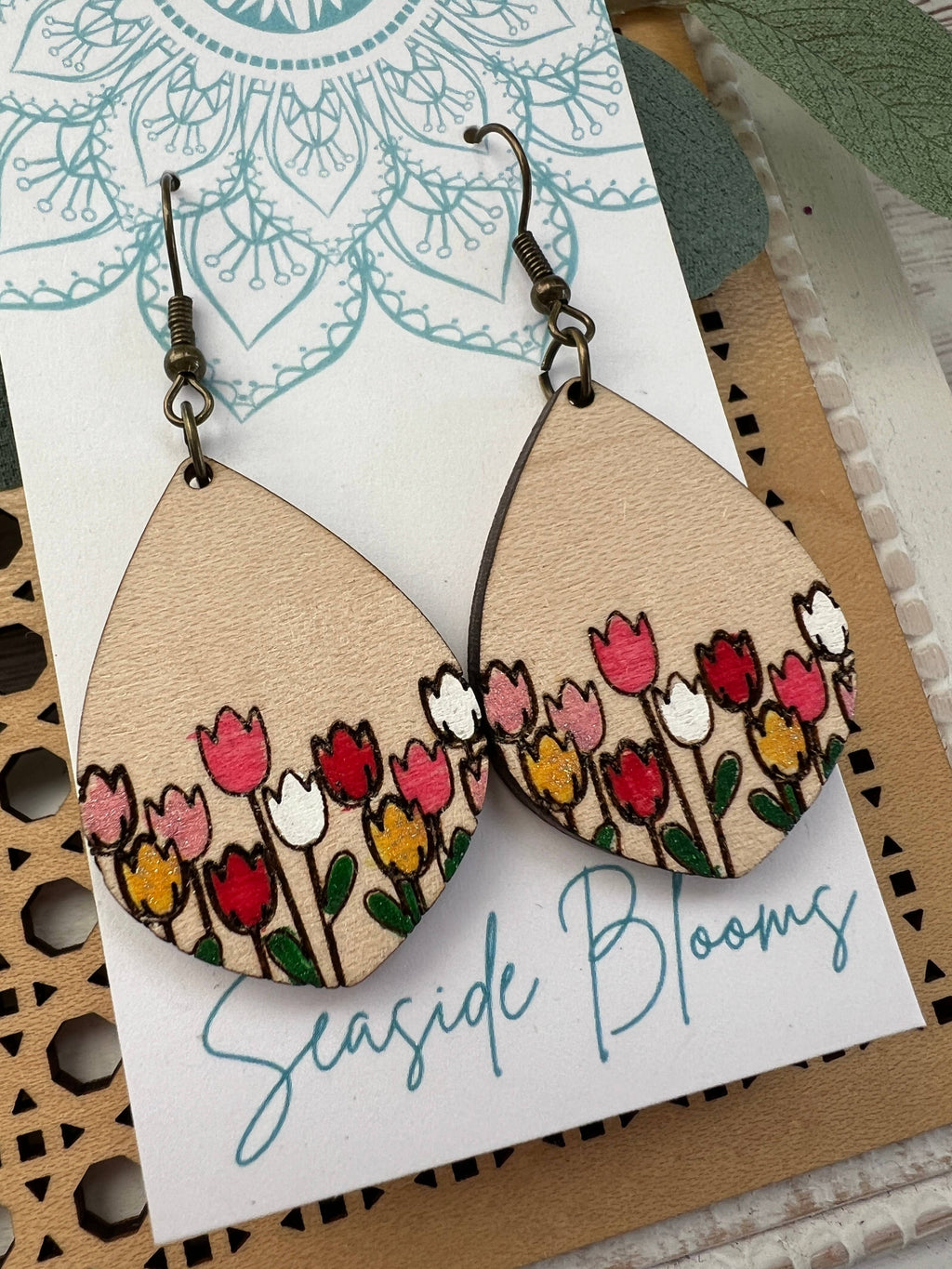 Tulip hand painted light weight wood earrings 