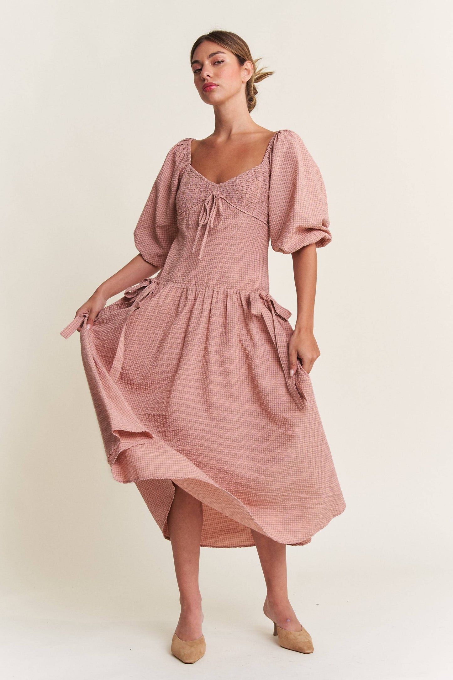 In the Beginning - Dust Pink Bow Detail Smocked Midi Dress (S-L)