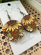 Sunflower mandala hand painted wood earrings