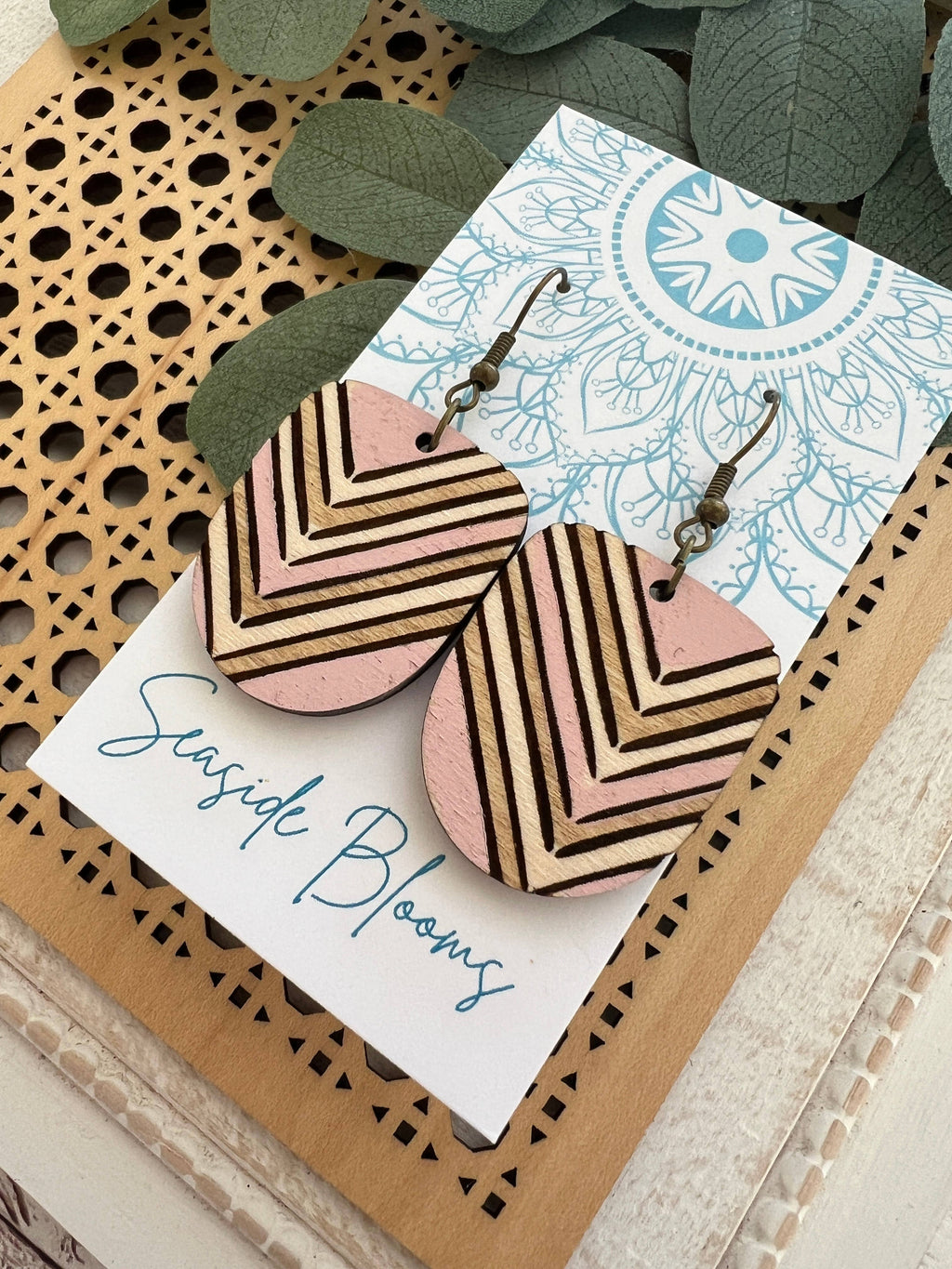 Boho pink hand painted lightweight wood earrings 