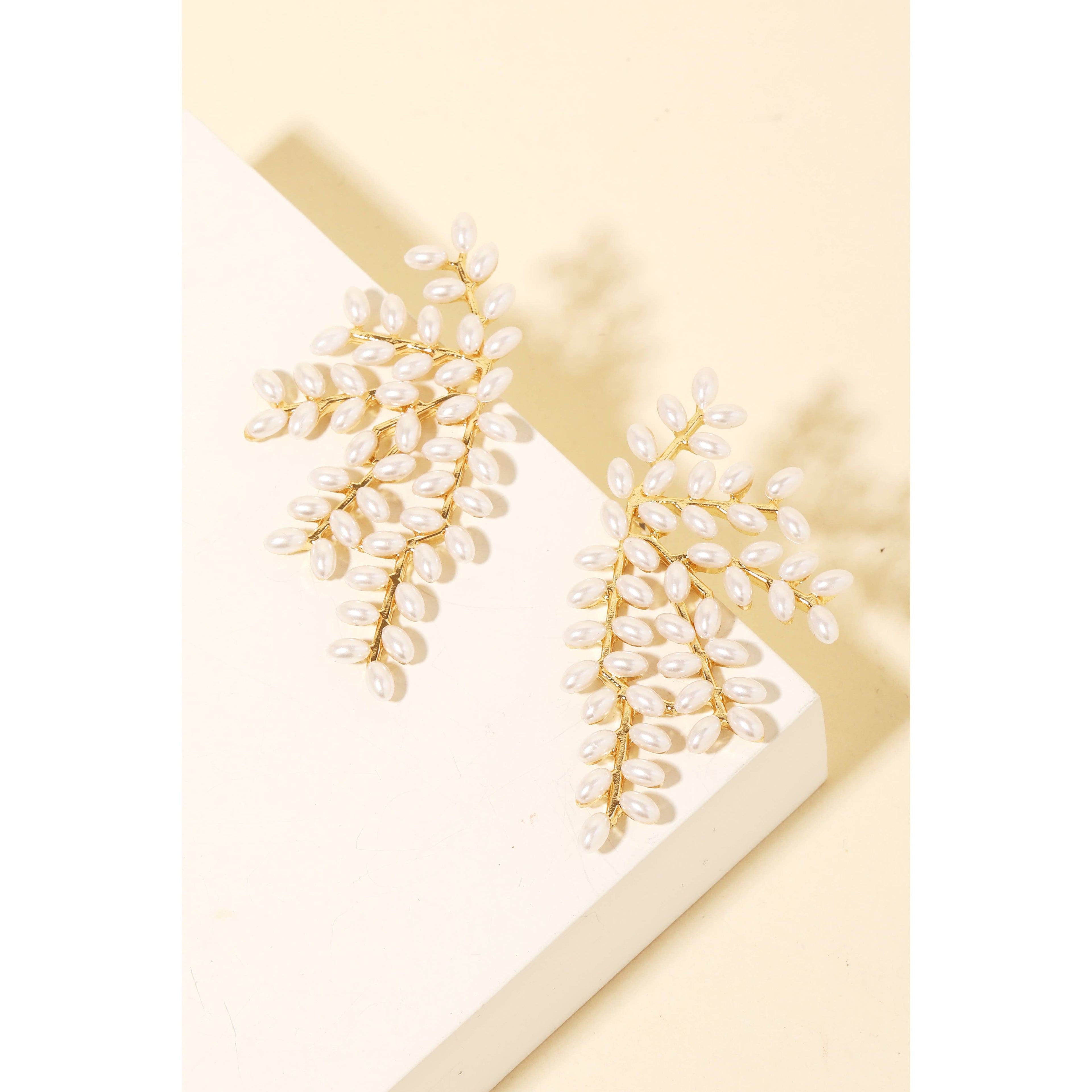 Pearl Bead Vine Leaf Earrings