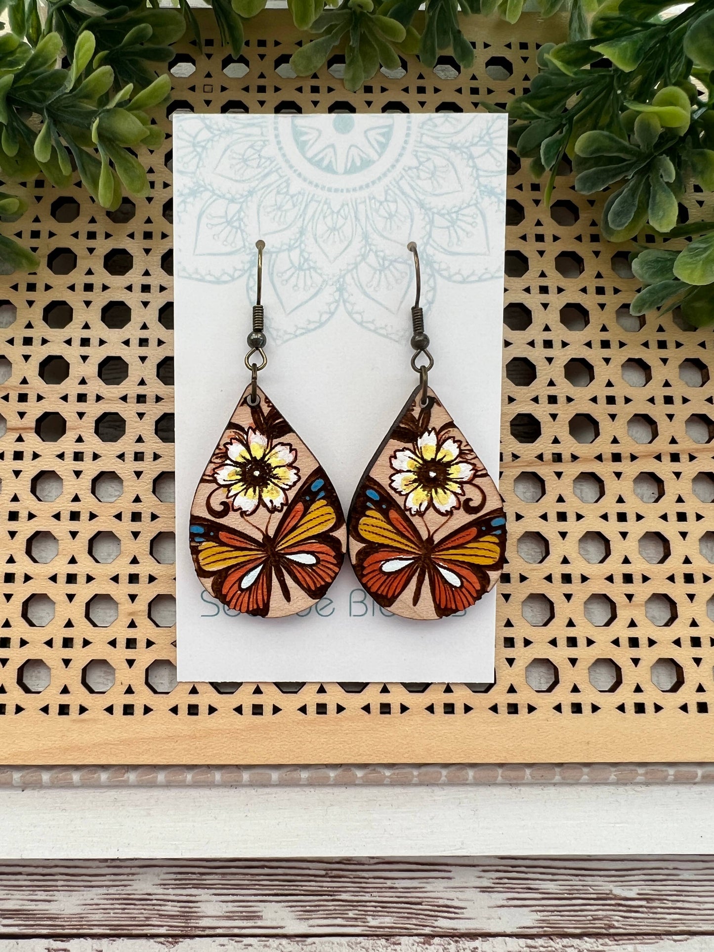Butterfly hand painted maple wood earrings  