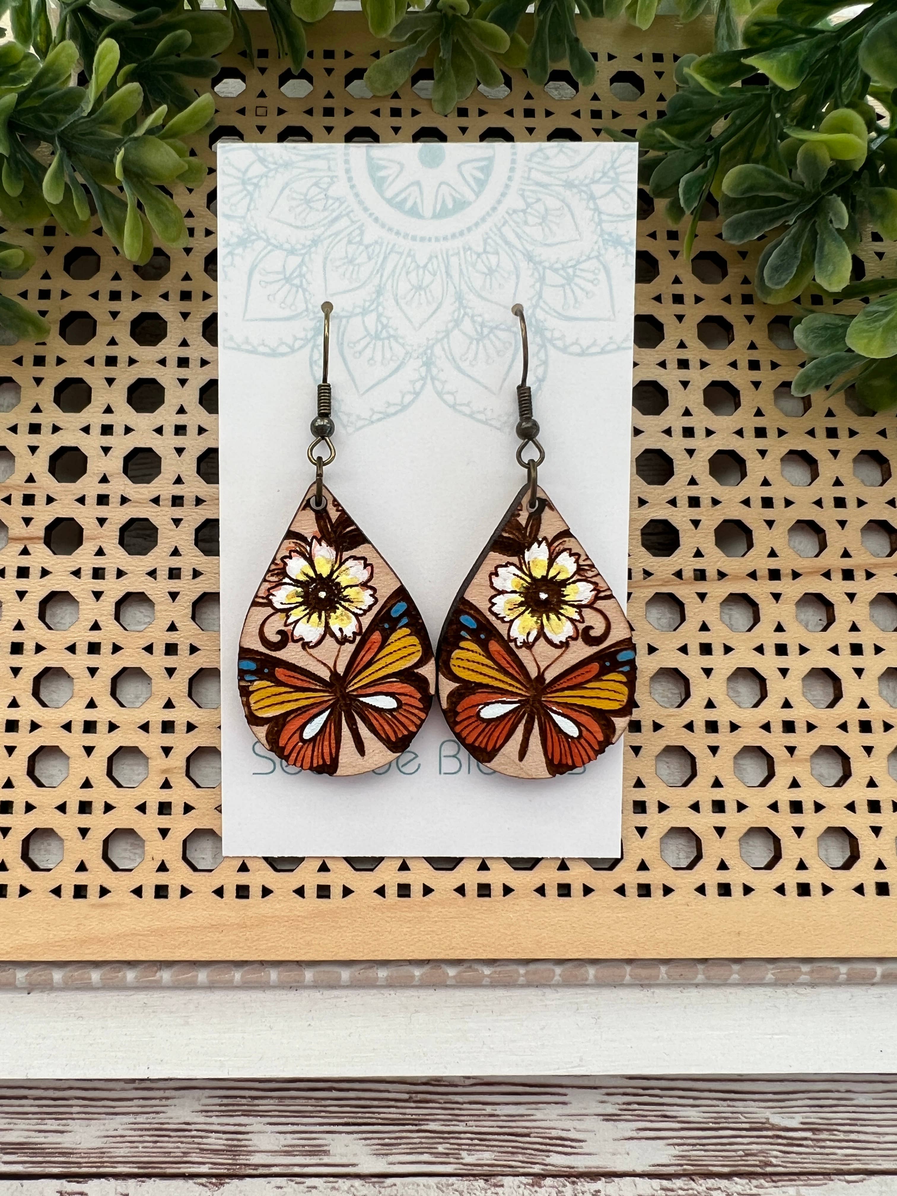 Butterfly hand painted maple wood earrings  