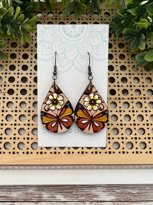 Butterfly hand painted maple wood earrings  
