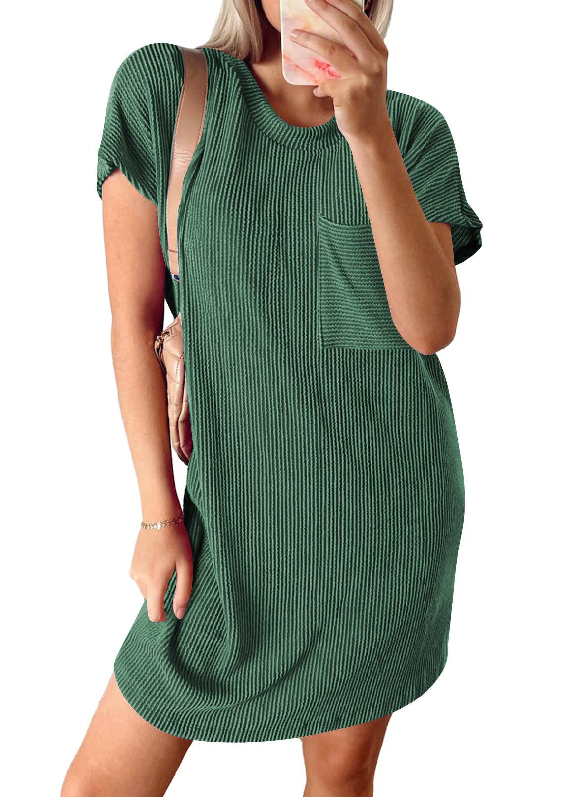 The Jessie Ribbed Short Sleeve T-Shirt Dress with Pocket (S-2X)