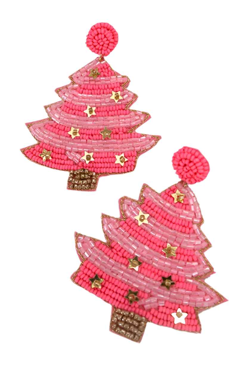 CHRISTMAS TREE HOLIDAY SEED BEAD EARRINGS: Pink