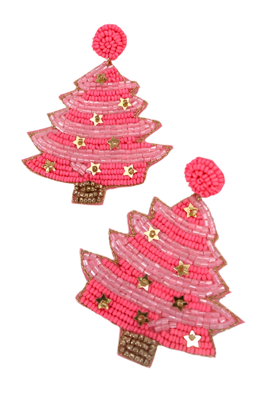 SALE! CHRISTMAS TREE HOLIDAY SEED BEAD EARRINGS: Pink