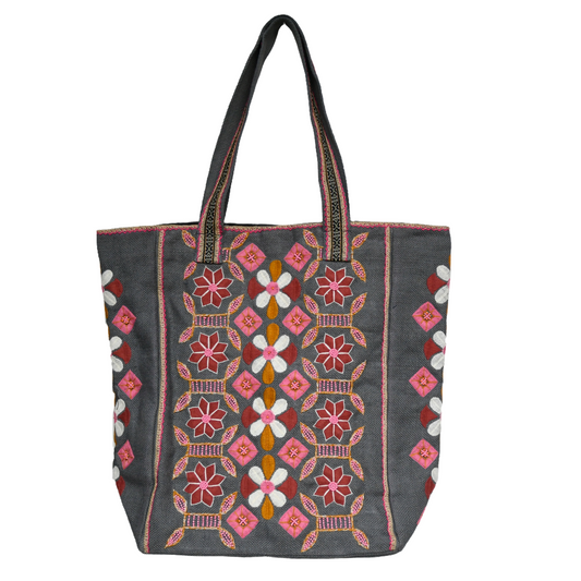 Charcoal Tote with Pink Flowers