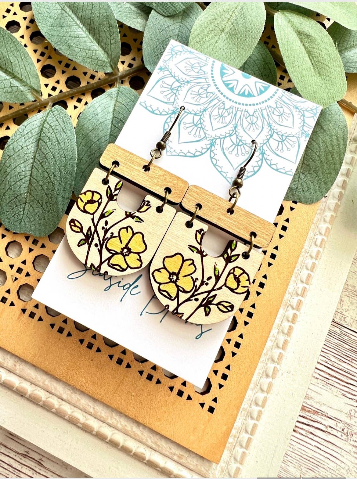 Flower hand painted light weight wood earrings 