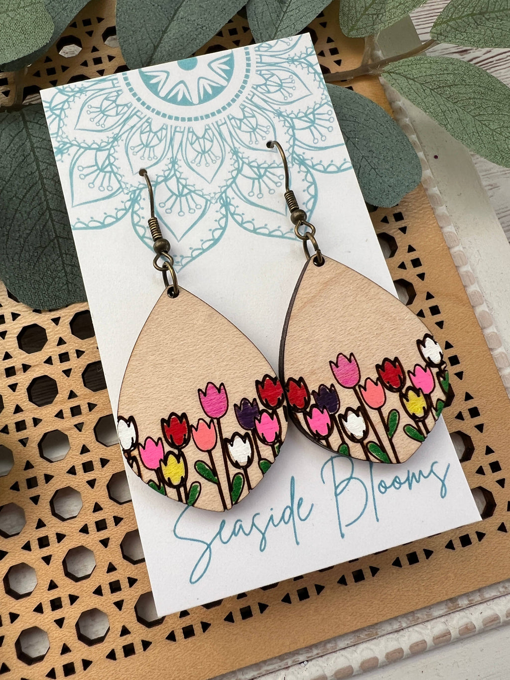 Tulip hand painted light weight wood earrings 