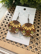 Sunflower mandala hand painted wood earrings