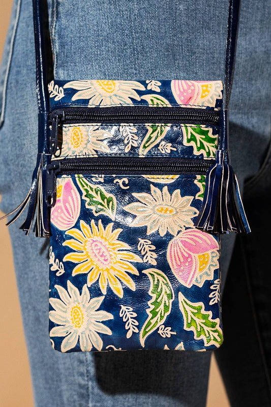 Navy Hand-painted Genuine Leather Cellphone Bag