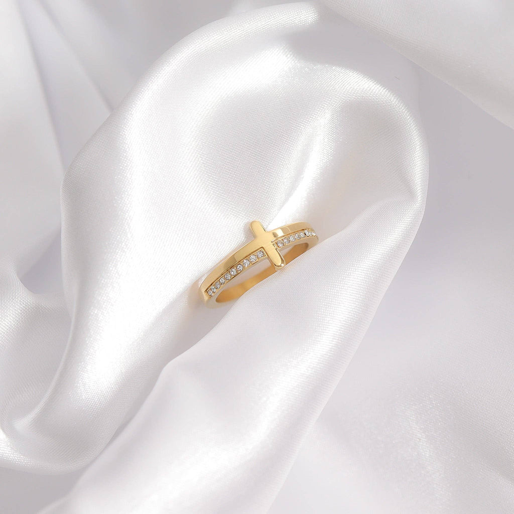 18K Gold PVD Engraved Bible Verse CZ Cross Ring Gift