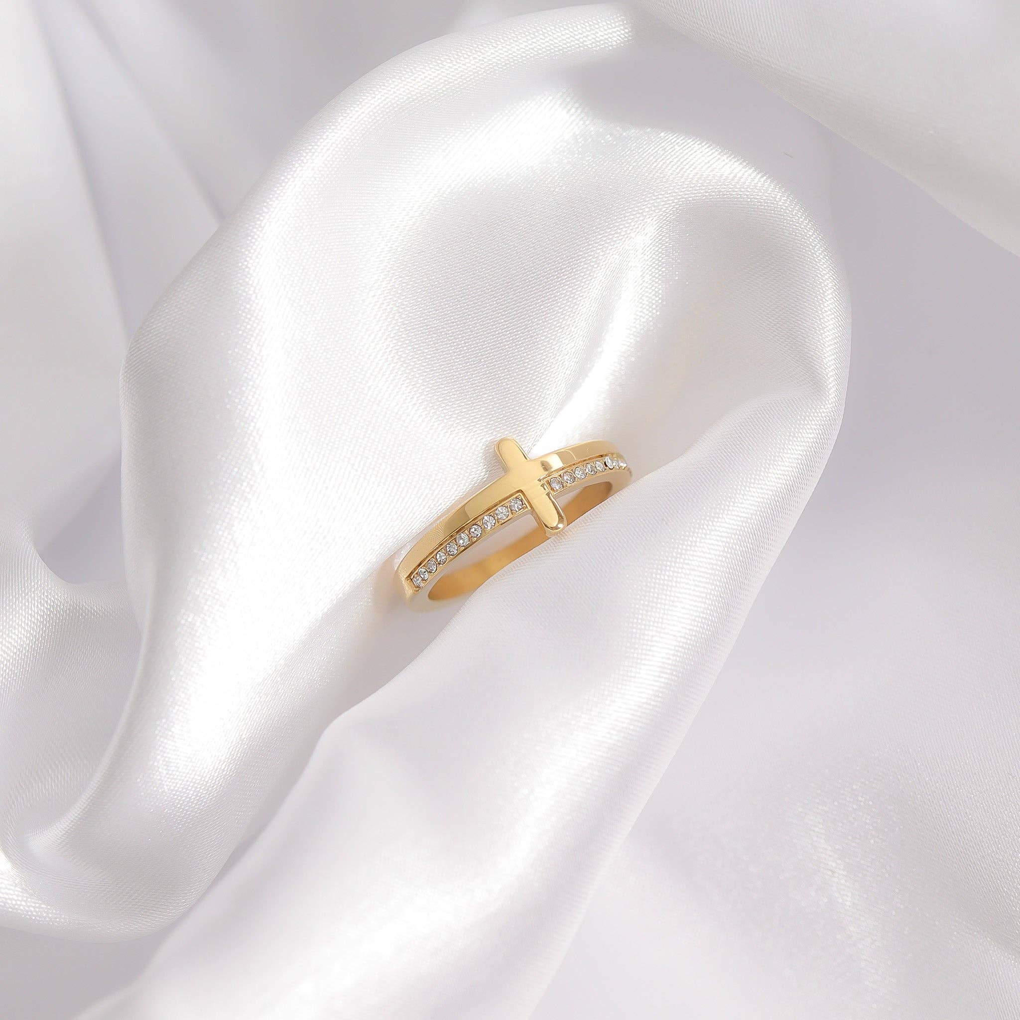 18K Gold PVD Engraved Bible Verse CZ Cross Ring Gift