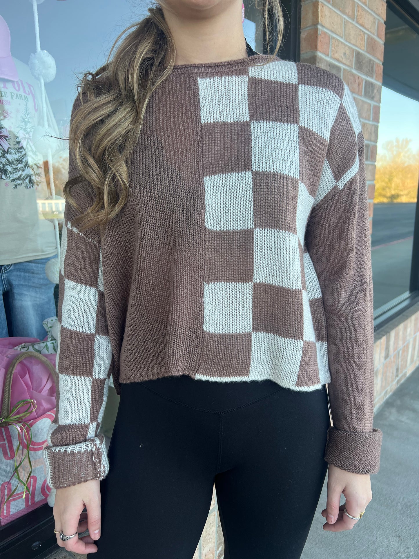 Checkered Long Sleeve Sweater In Mocha (S-L)