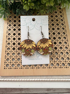 Sunflower mandala hand painted wood earrings