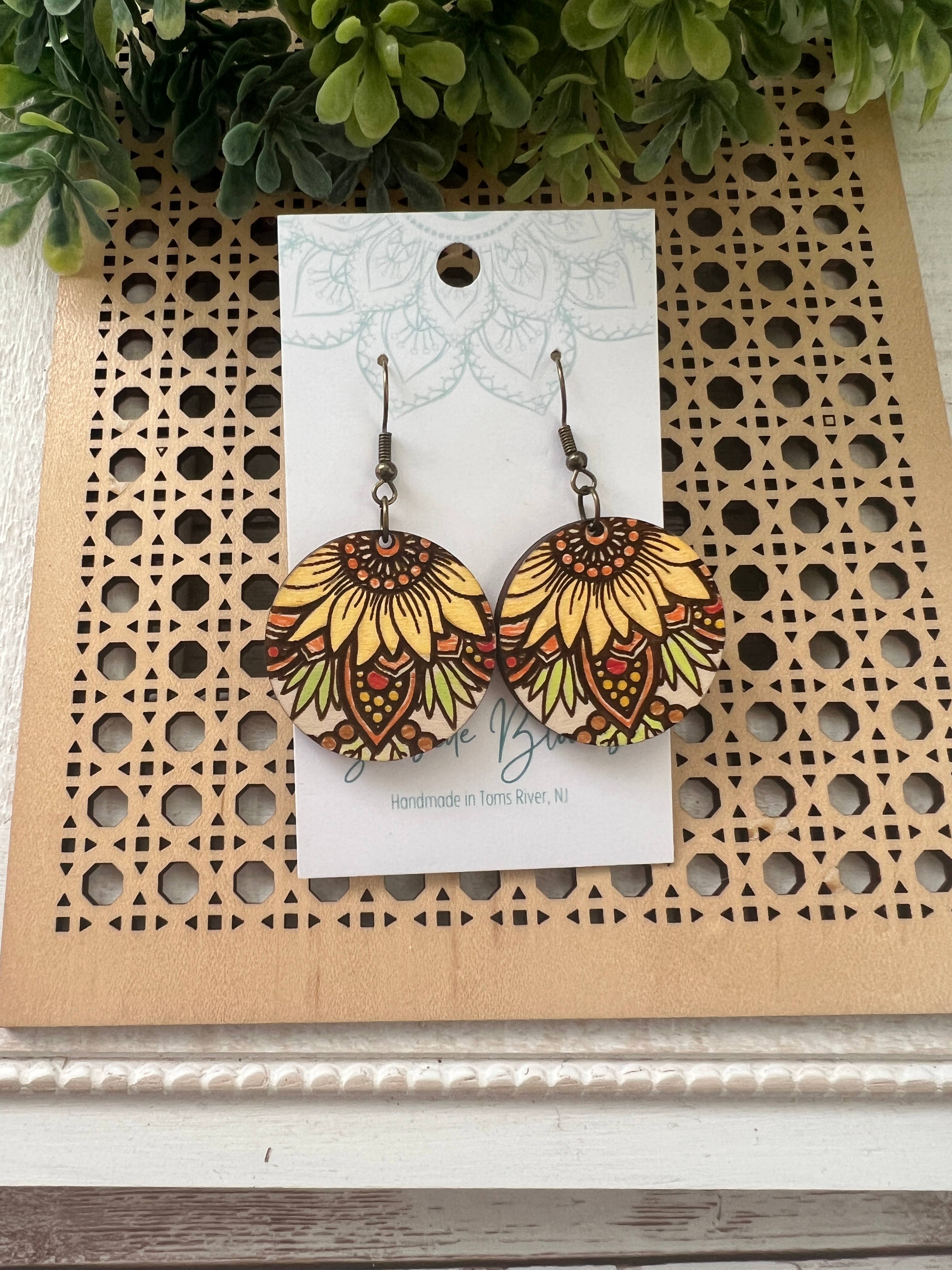 Sunflower mandala hand painted wood earrings
