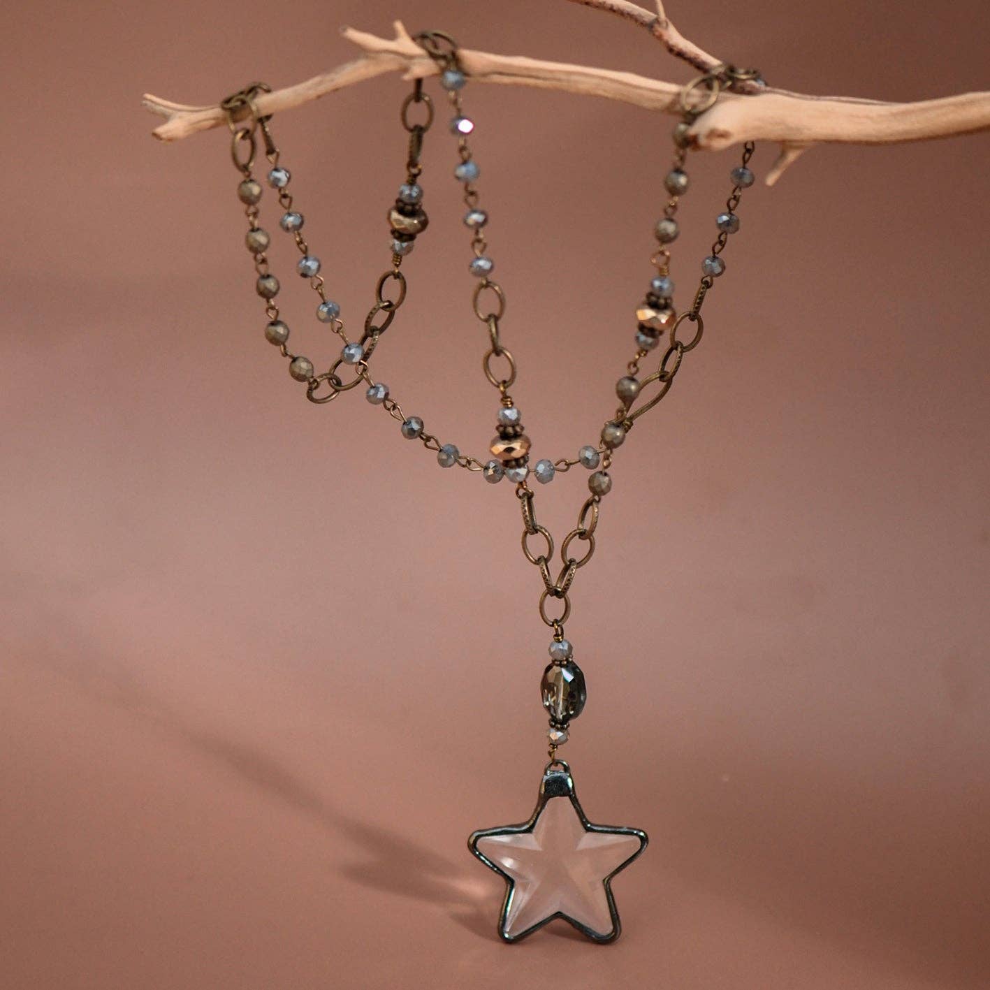 Boho Long Beaded Chain Link Necklace, Glass Crystal Star Pendant