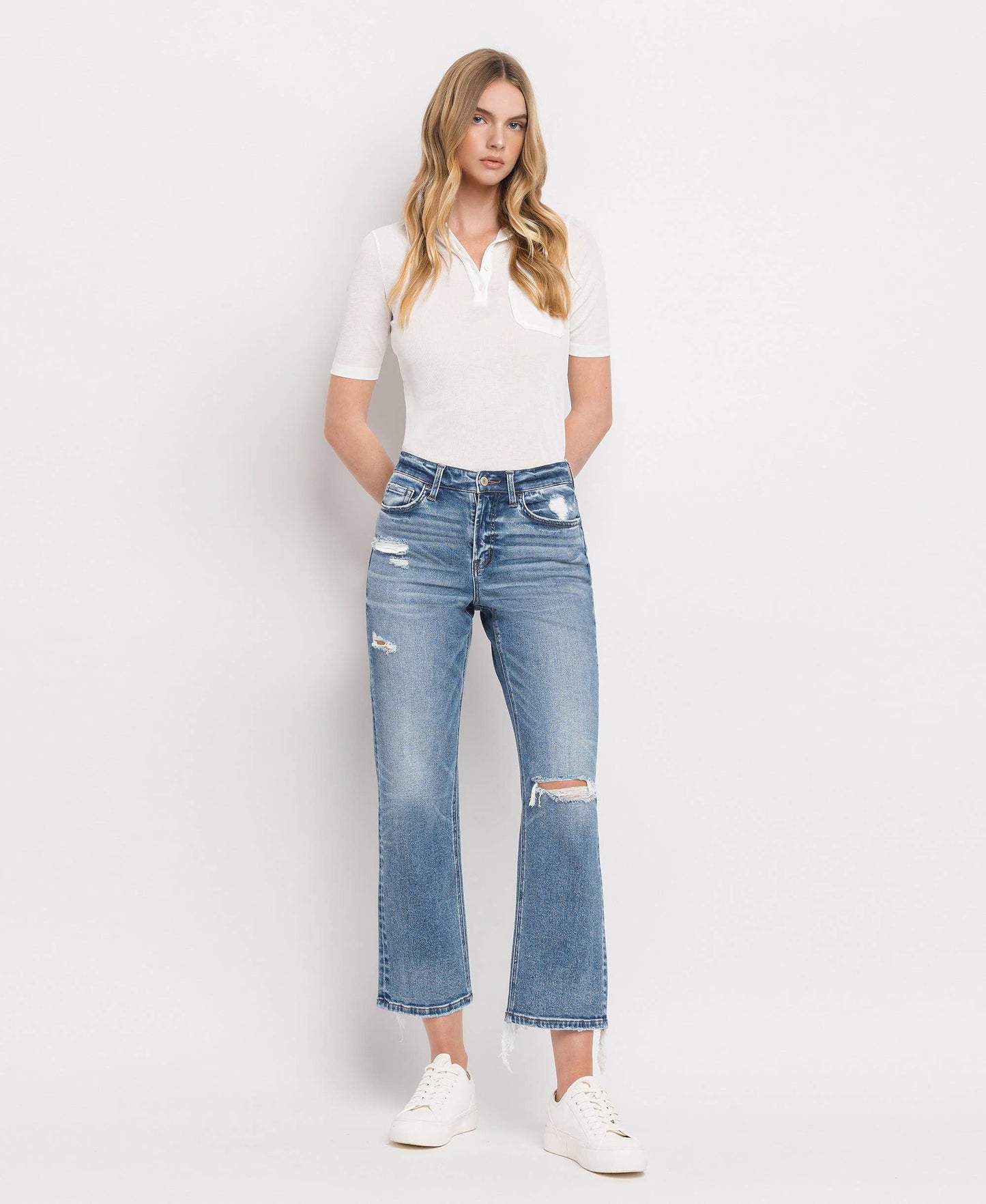 Vervet by Monkey- HIGH RISE DISTRESSED HEM CROP STRAIGHT JEANS