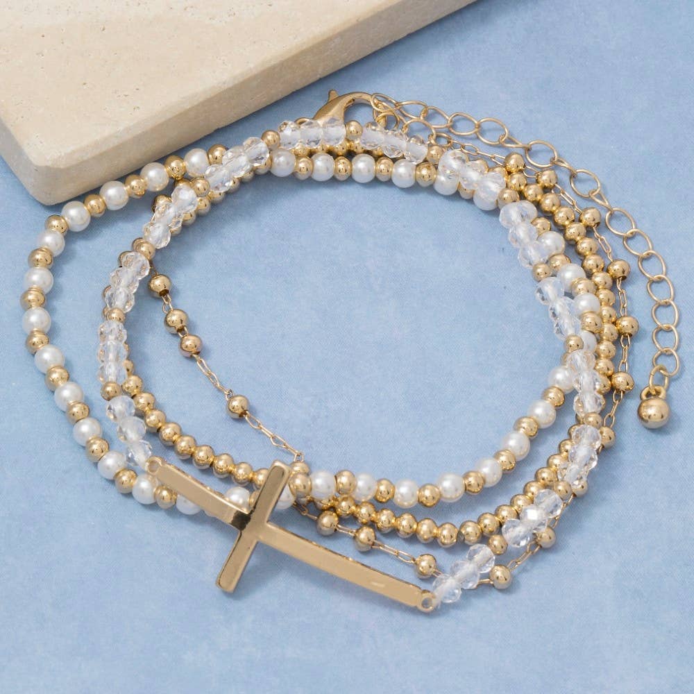 Cross Charm Pearl And Metallic Beaded Bracelet