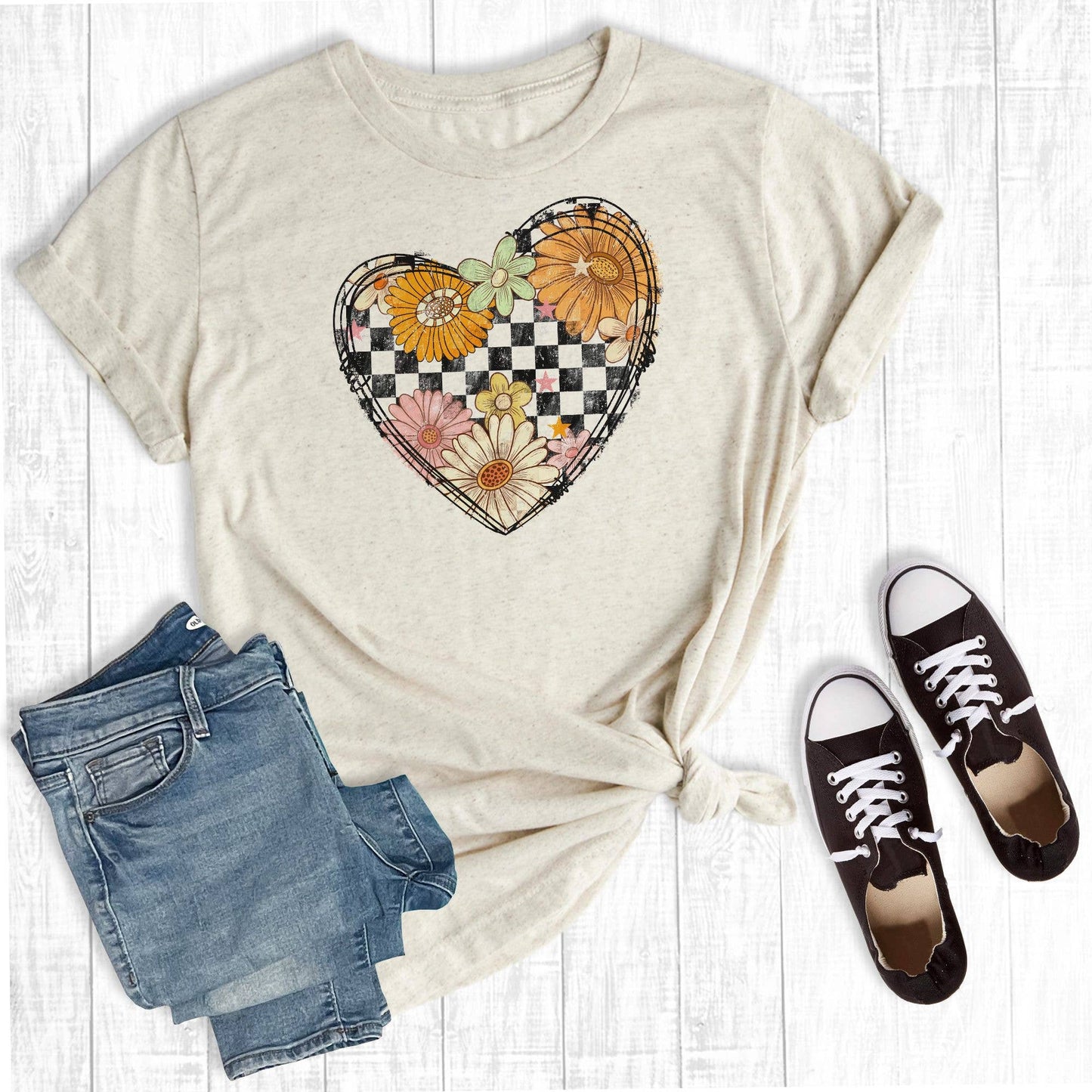 Retro Floral Checkered Heart Graphic Tee (S-3X)