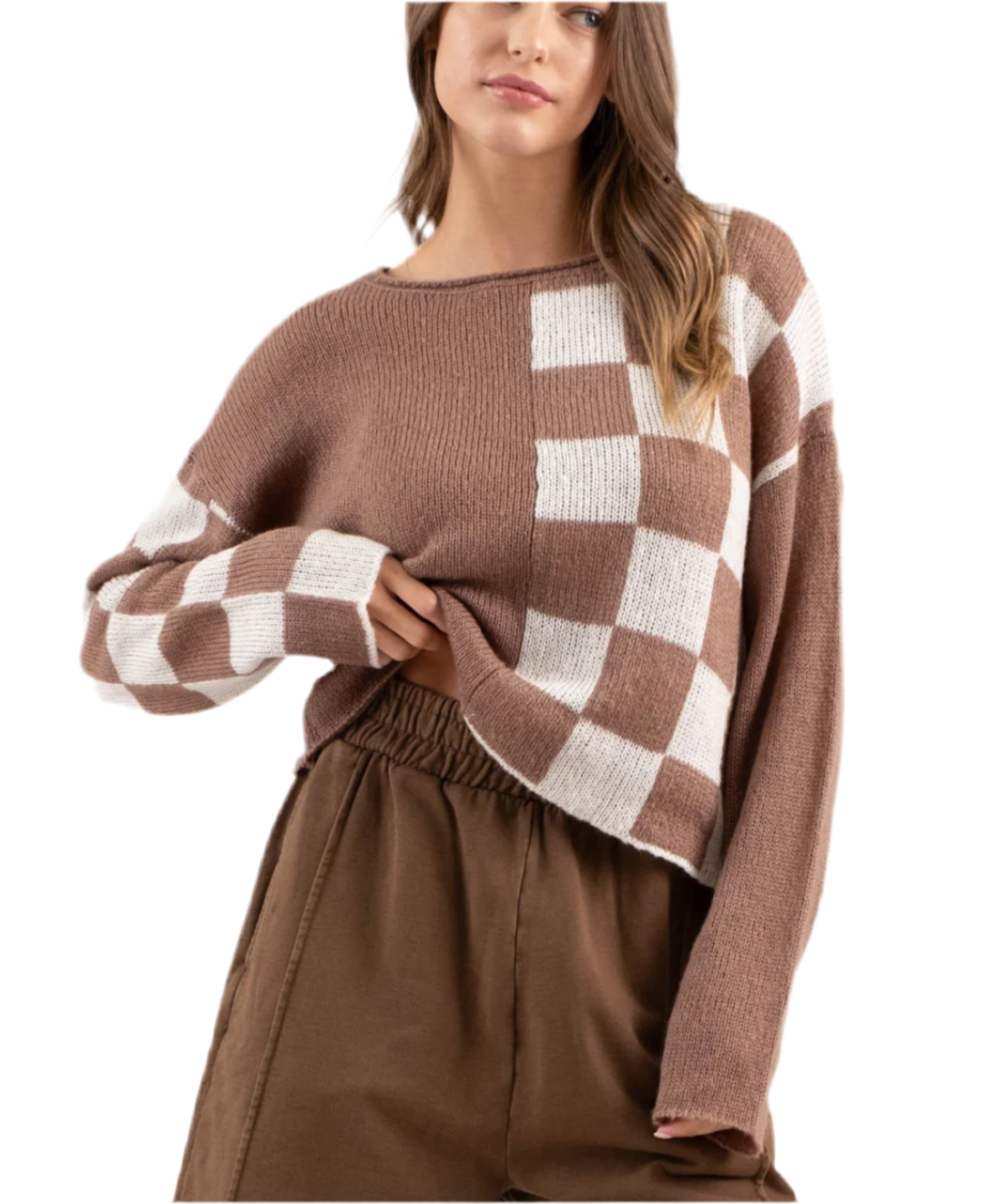 Checkered Long Sleeve Sweater In Mocha (S-L)