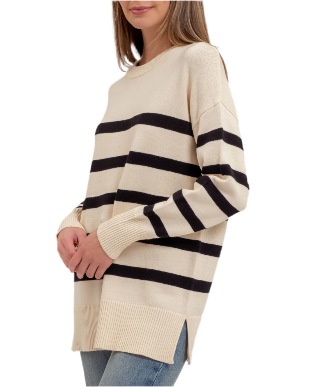 STRIPE OVERSIZED CREW SIDE SPLIT KNIT SWEATER (S-L)