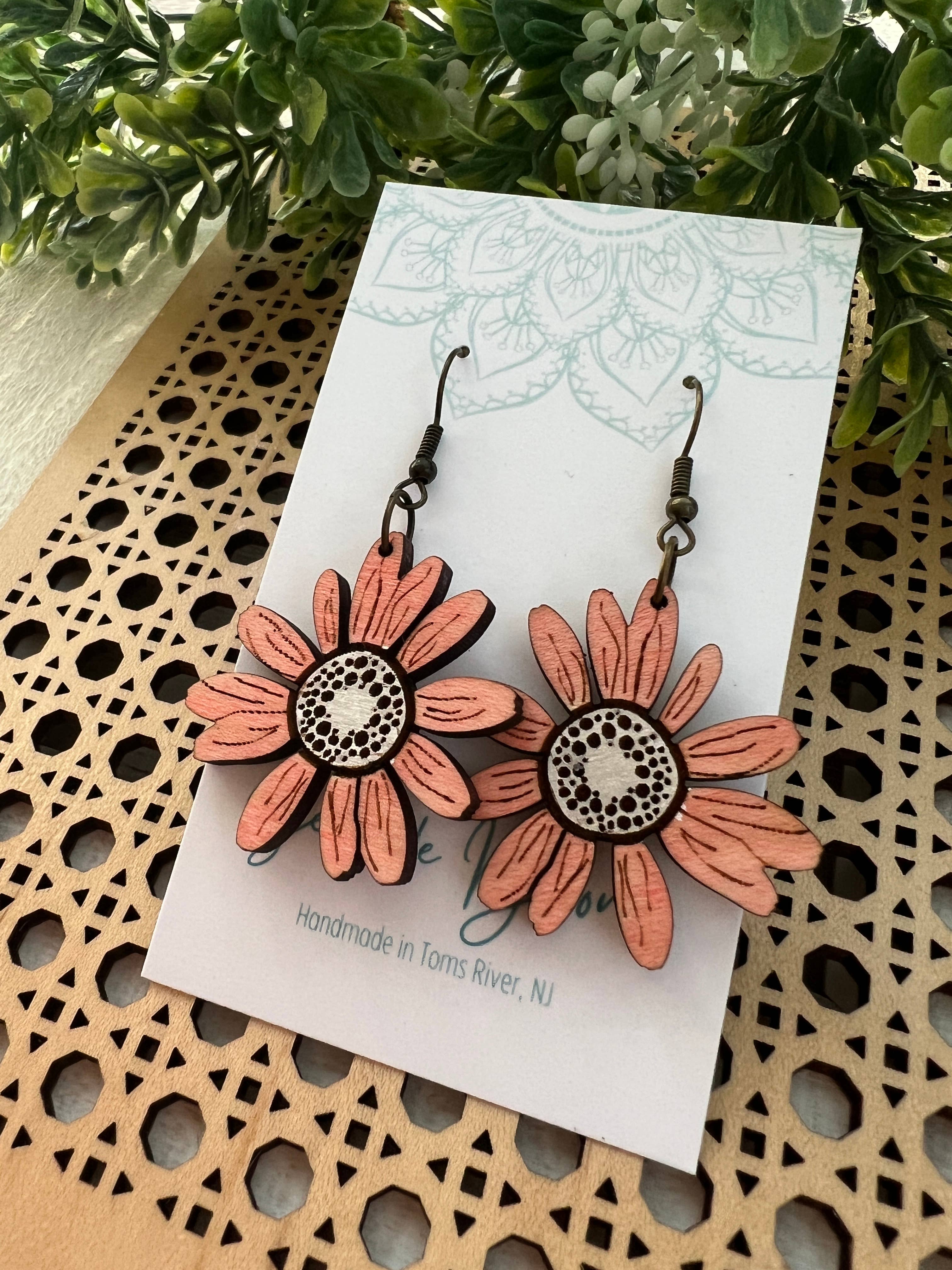 Blush pink daisy hand painted wood earring