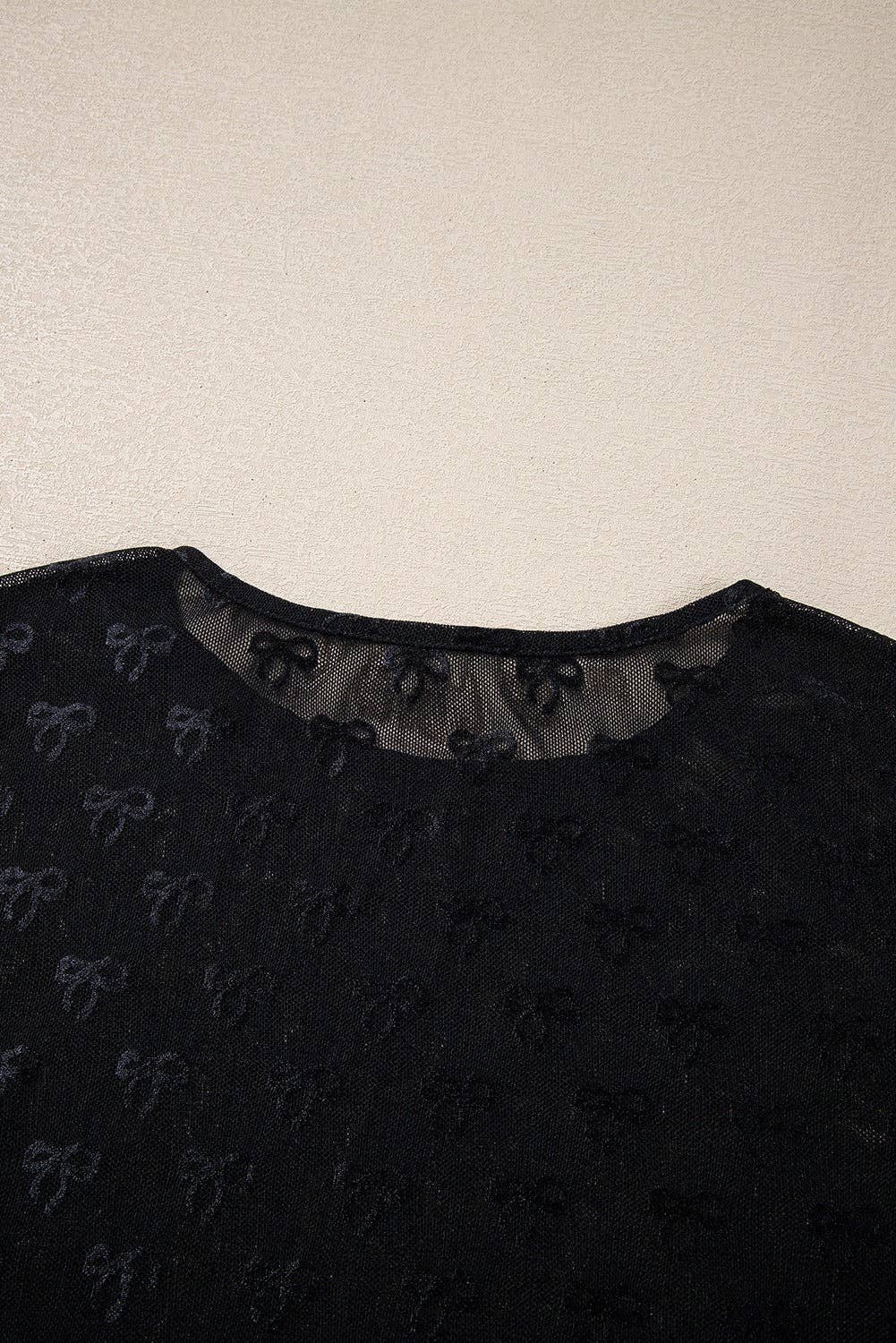 Sheer Mesh Bow Print Long Sleeve Top (2 Colors) (S-XL)